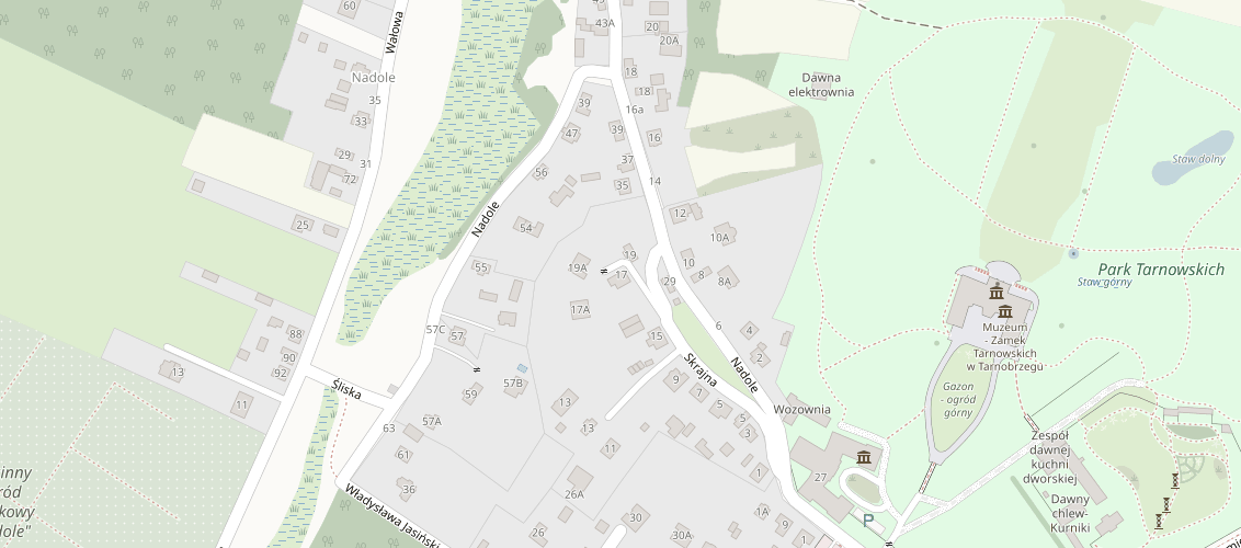 Mapa okolicy biura: ul. Skrajna 17 w Tarnobrzegu, w pobliżu Muzeum – Zamku Tarnowskich.